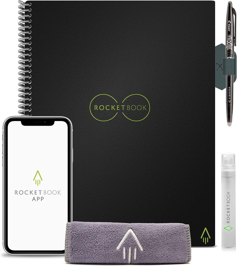 Rocketbook Smart Reusable notebook - Dot Grid Eco-friendly Smart Erasable Notebook Infinity Black Cover (8.5 X 11) With Rocketbook Accessories